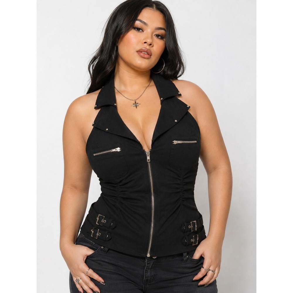 Oh Yes Black Halter Zip Front Buckle Top Plus Size 1XL Y2K Moto Clubwear